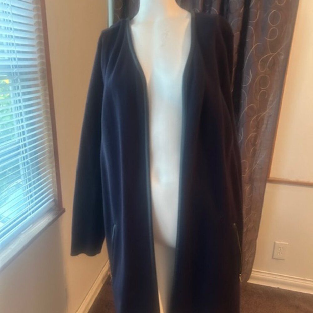 Charter Club Navy Faux Leather trim zip front pockets open cardigan, size XL